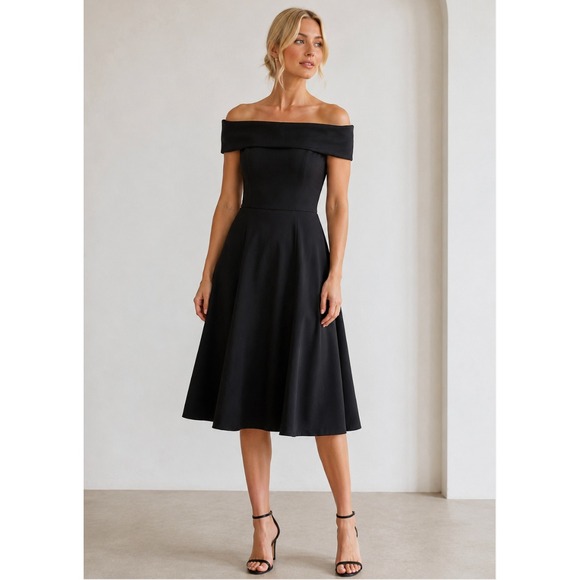 Calvin Klein Dresses & Skirts - Calvin Klein Black Off Shoulder Portrait Collar Fit Flare Midi Dress 10